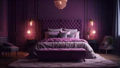 Sticker - Modern luxury hotel suite Comfortable double bed, purple elegance illuminated generated by AI