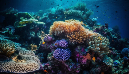 Poster - Scuba diving in the deep blue sea, surrounded by sea life generated by AI