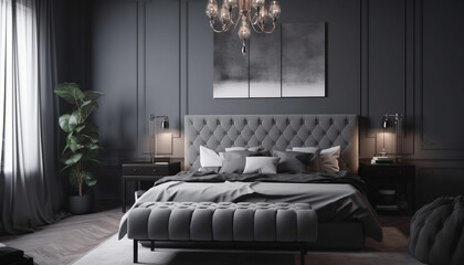 Wall Mural - Modern luxury hotel bedroom elegant design, comfortable bedding, illuminated relaxation generated by AI