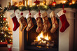 Christmas stockings hung by the fireplace, full of decorations living room background