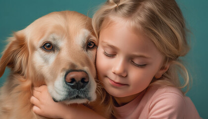 Wall Mural - A cheerful girl embracing her playful puppy, pure joy together generated by AI