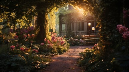 Wall Mural - A cozy romantic garden with roses and garlands and lanterns. Generation AI