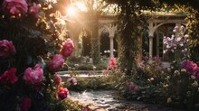 A Cozy Romantic Garden With Roses And Garlands And Lanterns. Generation AI