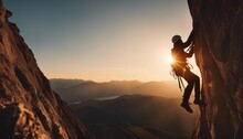 Silhouette Of A Climber Climbing A Cliffy Rocky Mountain Against The Sun At Sunset

