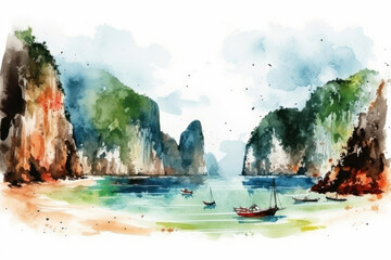 Wall Mural - Watercolor drawing of Maya Bay beach in Thailand. Generative AI.