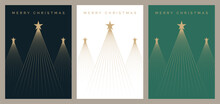 Christmas Card Design Set. Festive Greeting Card Templates With Simple Geometric Christmas Tree Illustration. Merry Christmas Cards.