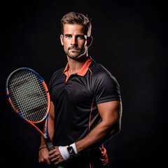 Portrait of a handsome man with tennis racket on a black background.