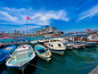 Blick richtung auf Kusadasi und Kreuzfahrt Schiffe, Kusadasi, Aydin, Türkei