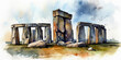 Watercolor drawing of the Stonehenge stone monument. Generative AI.