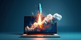 Fototapeta Kosmos - Rocket coming out of laptop screen, innovation and creativity concept, background. AI generative