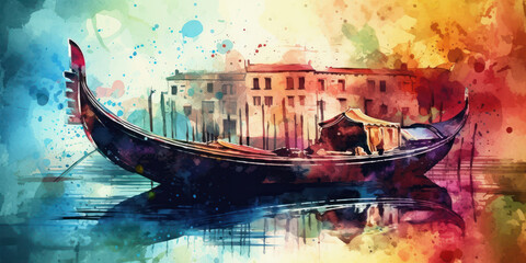 Wall Mural - Watercolor drawing of the gondolas in the canals of Venice. Generative AI.