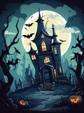 Fototapeta Big Ben - Cartoon haunted house on hill on night with full moon. AI
