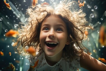 Wall Mural - A joyful smiling girl swims with a leash among goldfish