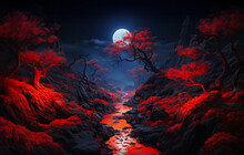 Chinese Dark Style Fantasy Landscape, Full Moon Over A Red Forest 