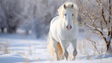 Fototapeta Konie - Beautiful white stallion in winter landscape. Portrait of a horse. Beautiful white horse with long mane walking in winter snowy field. 