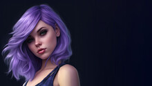 Beautiful Young Woman With Purple Hair On Dark Background
