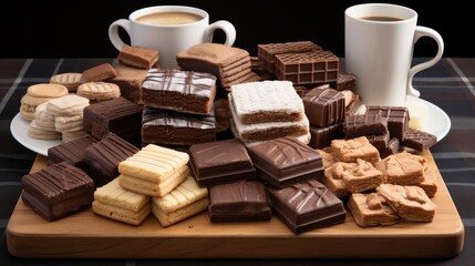  a wooden cutting board topped with lots of different types of cookies and desserts next to two cups of coffee.  generative ai