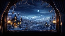  A Window View Of A Snowy Village With A Full Moon In The Sky And A Snowy Mountain In The Distance.  Generative Ai