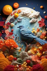 Sticker - A blue bird is sitting on a tree surrounded by fruit and flowers, AI