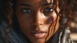 A close-up eye of a modern black woman, her eyes reflecting strength and grace. generative AI