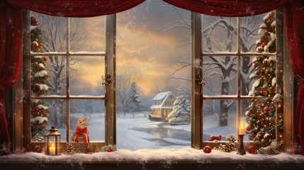 Canvas Print -  a christmas scene out of a window with a teddy bear sitting on a bench in front of a christmas tree.  generative ai