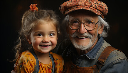 Wall Mural - Smiling senior adult portrait, child with grandfather, family happiness generated by AI