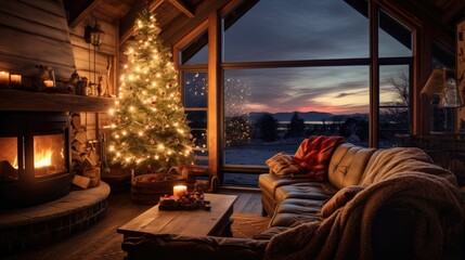 Sticker -  a living room with a christmas tree in the corner and a lit fire place in front of a large window.  generative ai