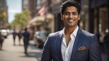 Bellissimo Uomo Di Origini Indiane Sorridente E Vestito Con Un Abito Elegante Per L'ufficio In Una Strada Di Una Città