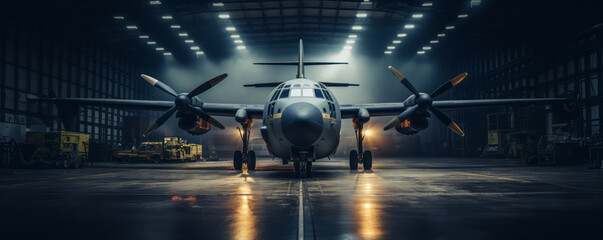 Bomber plane parked inside a military hangar.