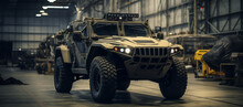 Military ATV Parked Inside A Military Hangar.