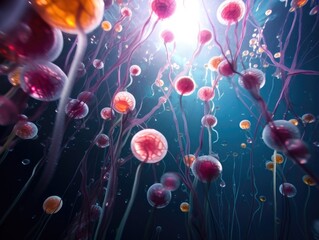 Canvas Print - A bunch of jellyfish floating in the water. Generative AI.