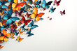 A group of colorful butterflies flying on the corner white isolated cutout. Decorative element border.