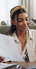 Aufkleber - Woman, work from home and documents on laptop for online research, business proposal or planning. Young worker or freelancer typing on her computer, reading paperwork and report or job application