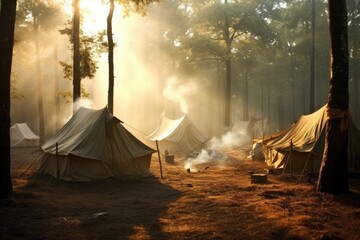 Poster - A group of tents sitting in the middle of a forest. Generative AI.