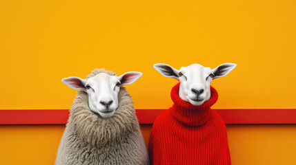 Poster - A couple of sheep standing next to each other. on a vibrant color background. Generative AI.