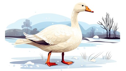 Sticker -  a white duck standing in the snow with a tree in the back ground and snow on the ground behind it.  generative ai