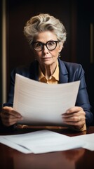 Poster - A mature woman sitting at a table reading a piece of paper. Generative AI.