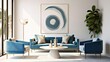Blue sofa and armchairs on rug against window and white wall with art frame Hollywood glam style home interior design of modern