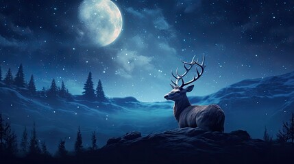 Canvas Print -  a deer sitting on top of a hill under a night sky with stars and a full moon in the background.  generative ai