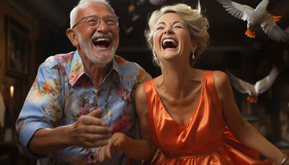 Wall Mural - Smiling men and women enjoying retirement, dancing in nature together generated by AI