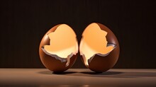  A Broken Egg Shell Sitting On Top Of A Wooden Table Next To An Egg Shell With A Hole In It.  Generative Ai