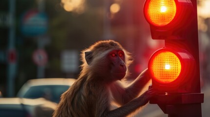 Wall Mural - A monkey standing next to a traffic light. Generative AI.