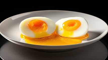  a white bowl filled with two eggs on top of a black table next to a white plate with a black background.  generative ai