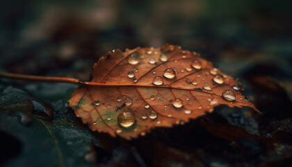 Wall Mural - Vibrant autumn leaf reflects in dew drop on wet grass generated by AI