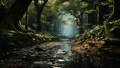 Sticker - Mysterious autumn forest, foggy landscape, tranquil water, green foliage generated by AI