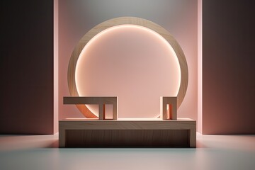 Poster - Podium stage for product showcase photography, a sleek and modern design with soft lighting, a platform that highlights the product's elegance, reflecting a minimalist and high-end style, 3D rendering