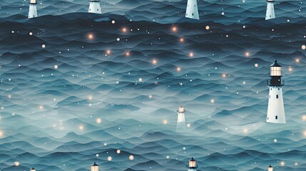 Poster -  a painting of a lighthouse in the middle of the ocean with a lot of lights on the top of it.  generative ai