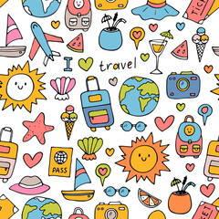 Wall Mural - Hand drawn seamless pattern with travel icons. Summer vacation. Doodle, sketch. Traveling, holidays, relaxation