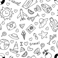 Wall Mural - Hand drawn seamless pattern with travel icons. Summer vacation. Doodle, sketch. Traveling, holidays, relaxation