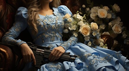  Beautiful cute girl, young woman with guns and flowers. Stop the war. No war, hippie hipster, for peace. No aggression
